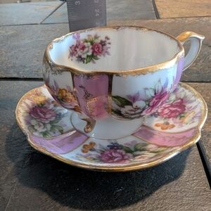 Vintage Mid Century Napco Footed Pink Floral Gold-Trimmed Teacup and Saucer Set
